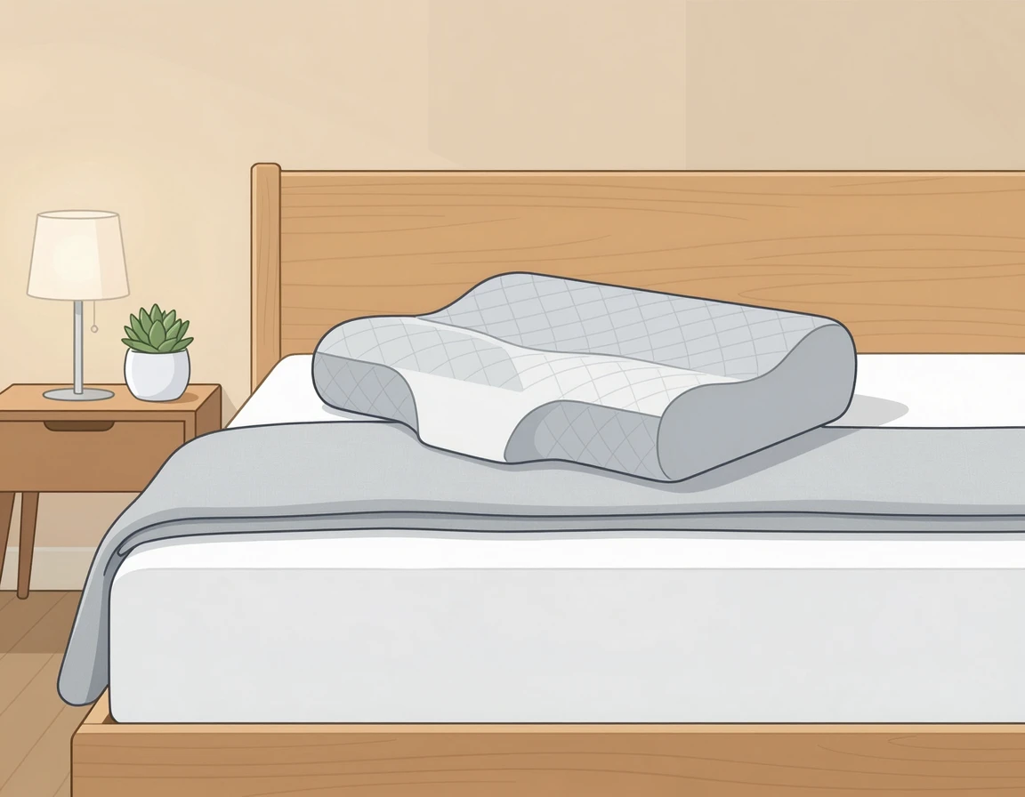 침대 위에 놓인 인체공학적 메모리폼 경추베개