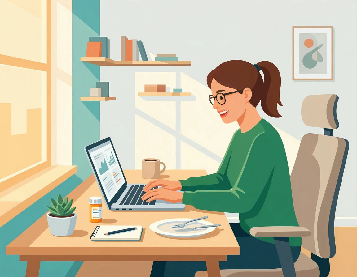 점심 식사 후 영양제를 먹고 활기차게 일하는 모습