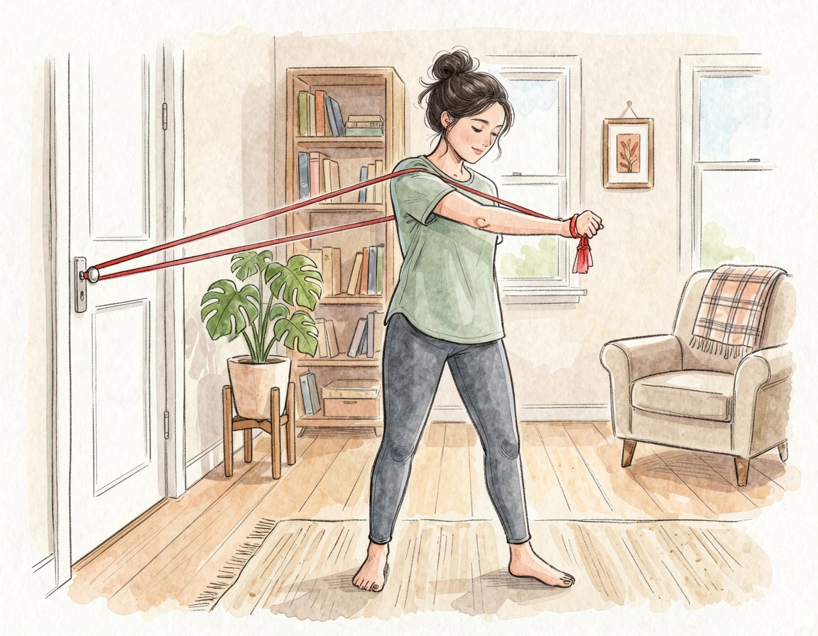 세라밴드로 어깨 속근육을 풀어주는 모습 일러스트