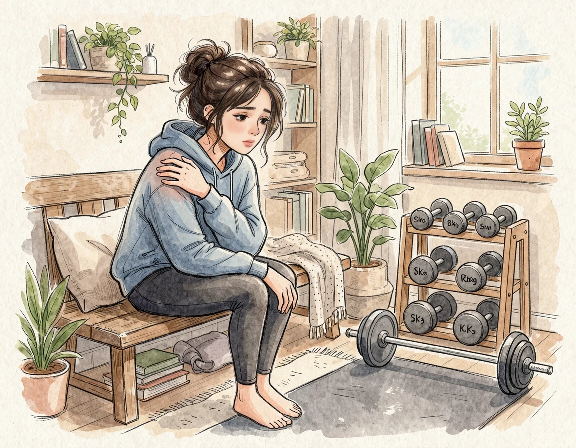 덤벨을 보며 아쉬워하는 헬스장 일러스트