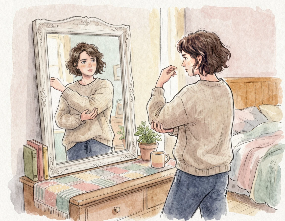 거울 앞에서 어깨 통증을 확인하는 모습 일러스트