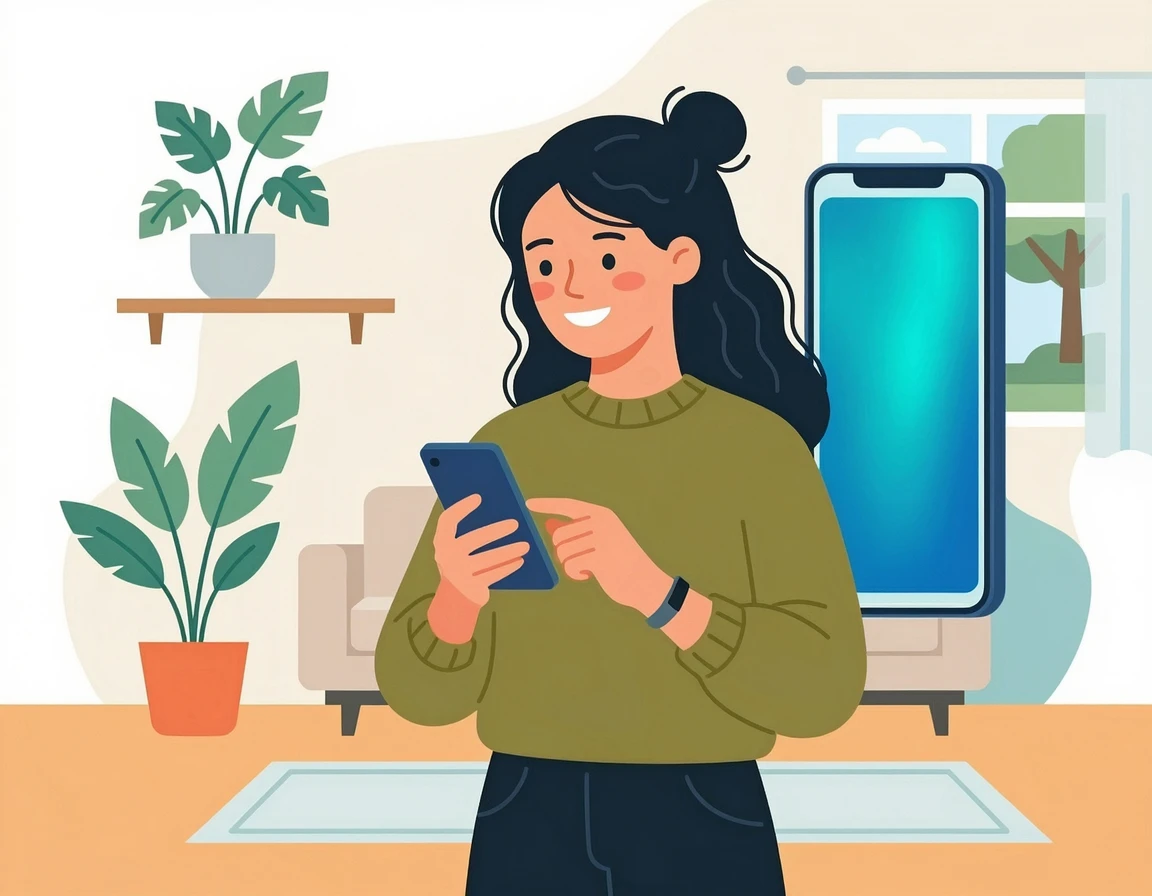 스마트폰으로 단식 앱을 확인하며 미소 짓는 여성