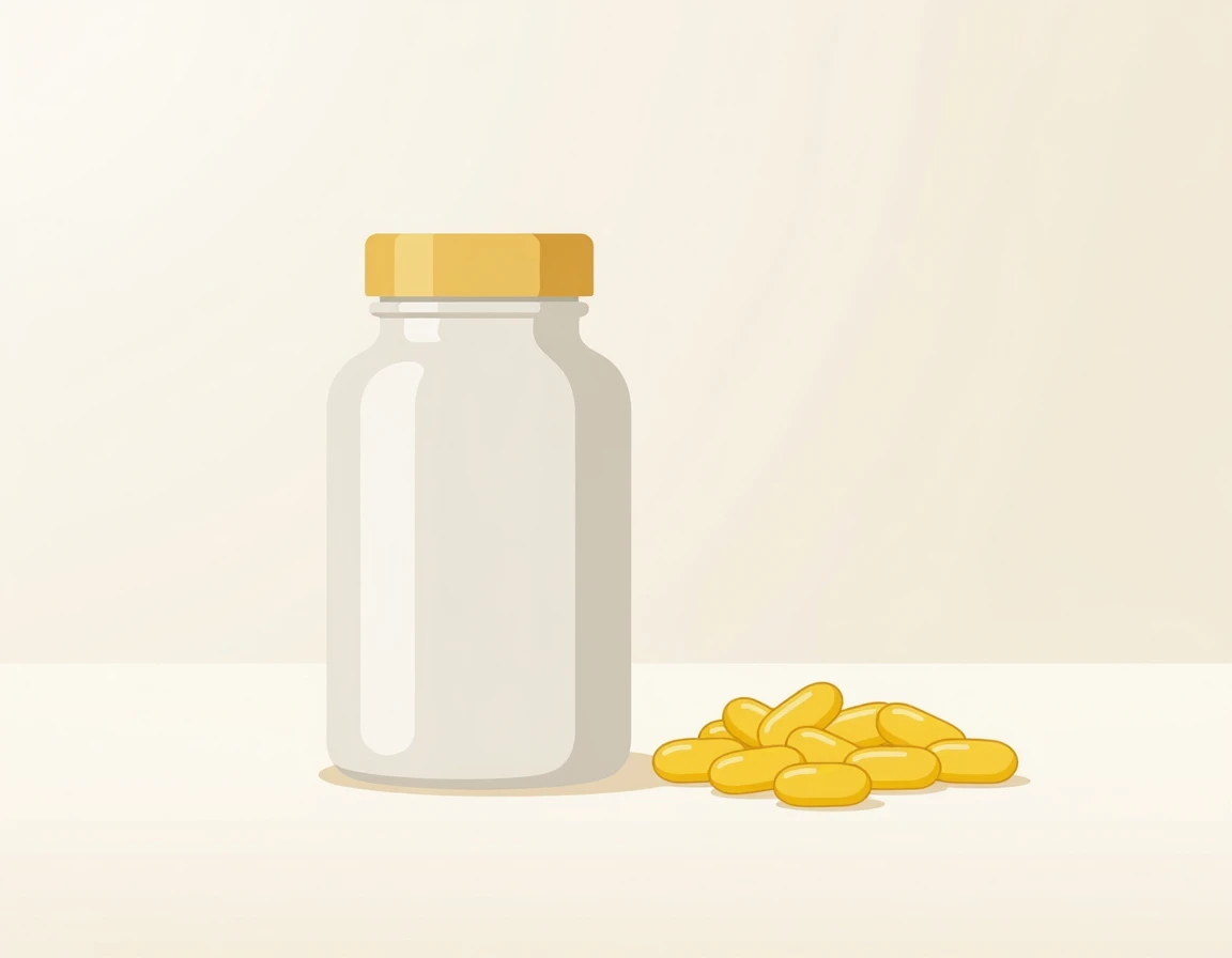 책상 위에 놓인 영양제 병과 노란색 캡슐 알약