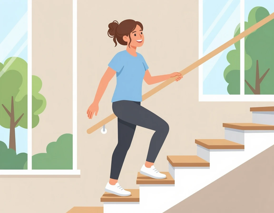 가벼운 발걸음으로 계단을 오르는 여성 일러스트