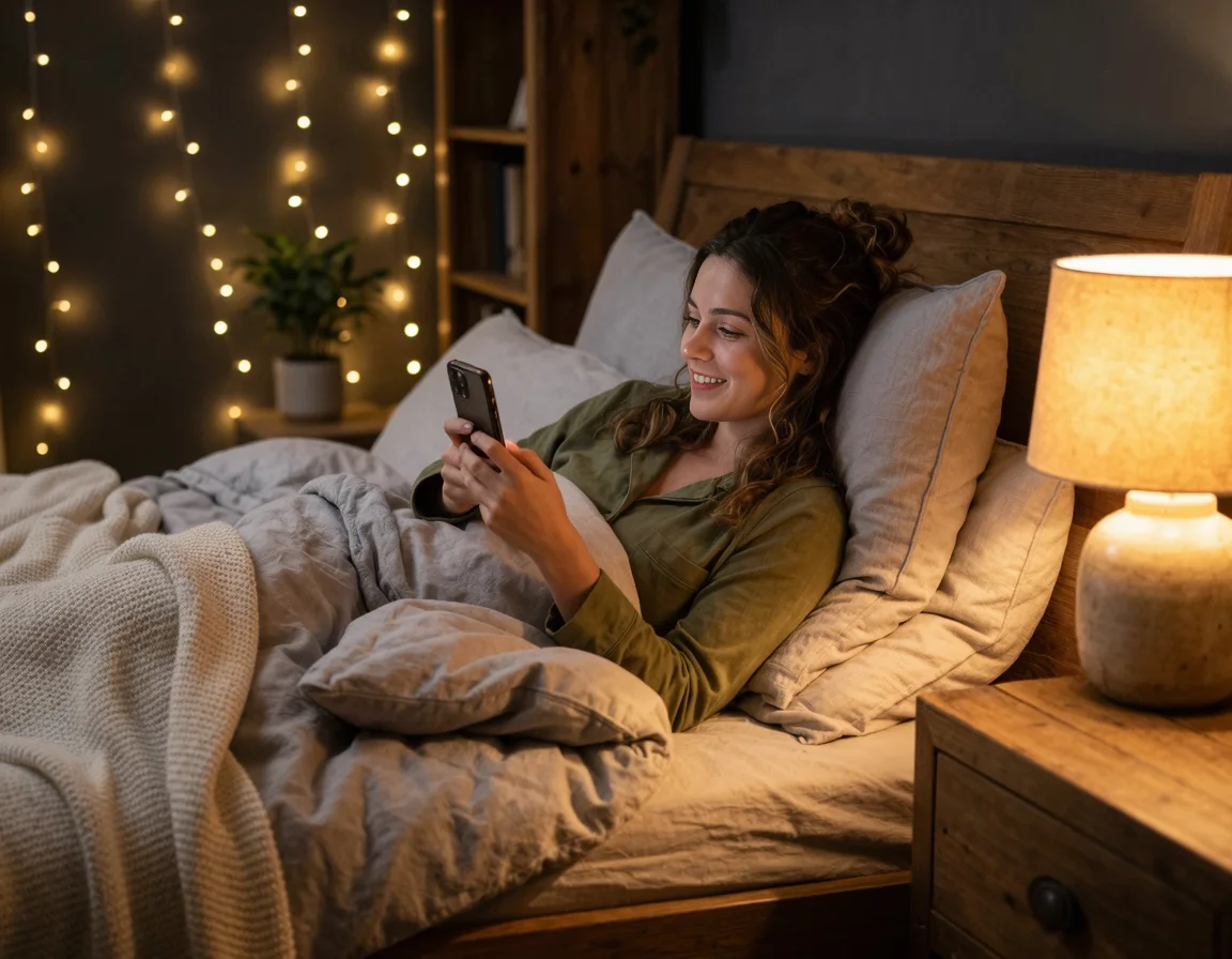 간접 조명을 켜두고 침대에 누워 스마트폰을 보는 모습