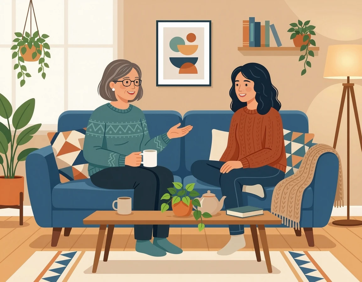 거실에서 건강에 대해 이야기 나누는 모녀