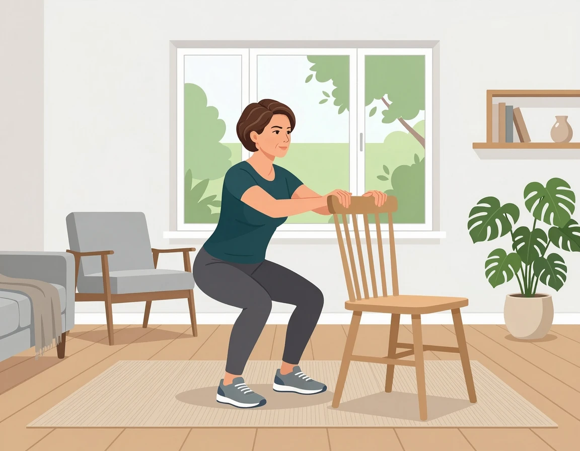 의자를 활용해 안전하게 스쿼트하는 50대 여성