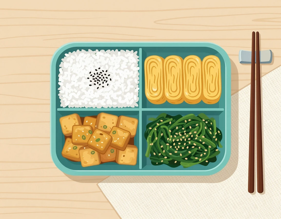 흰 쌀밥과 두부구이, 계란말이가 들어간 저포드맵 도시락