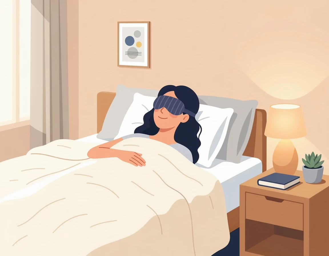 침대에 누워 온열 안대를 하고 휴식을 취하는 모습