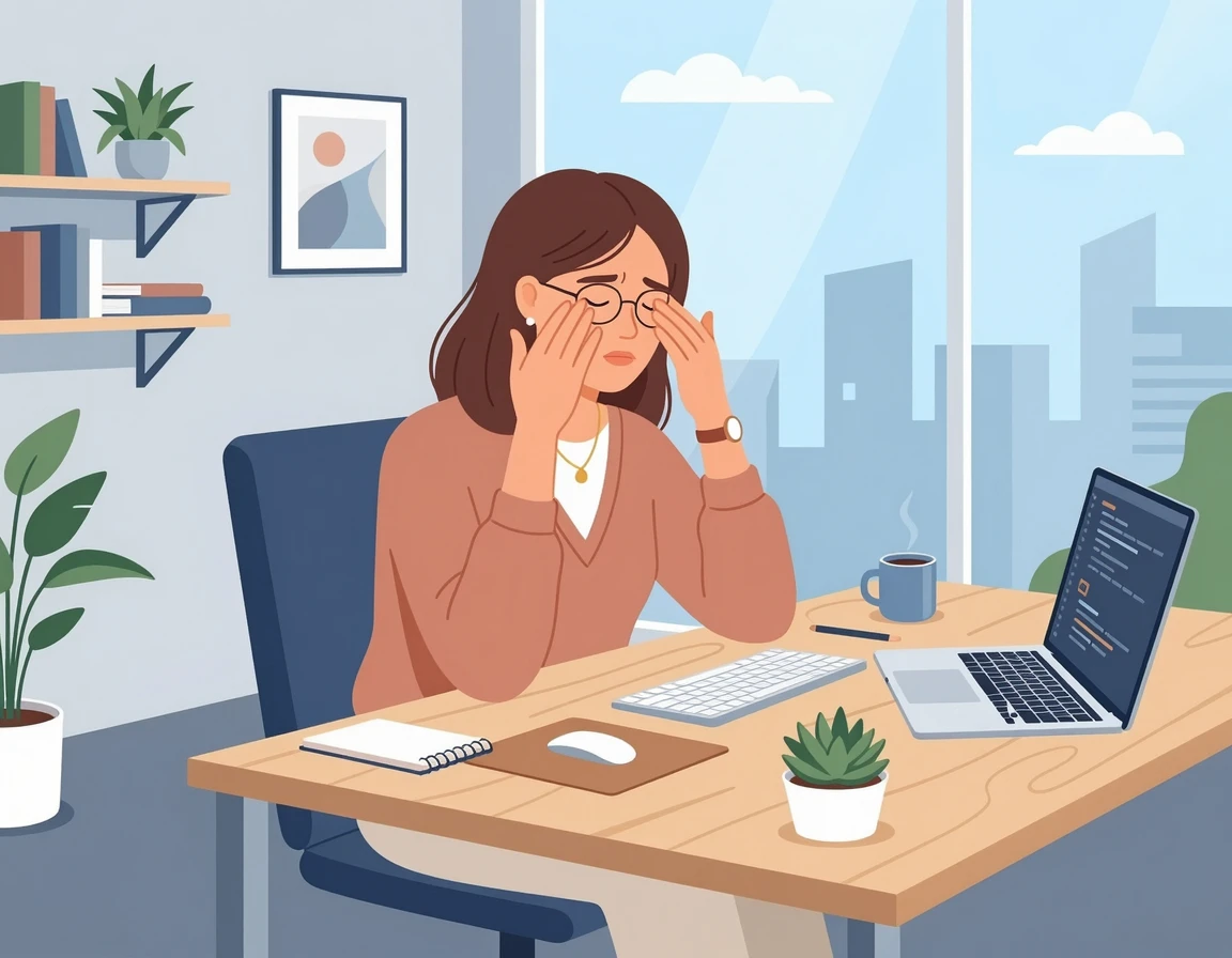 건조한 눈을 비비는 직장인 여성