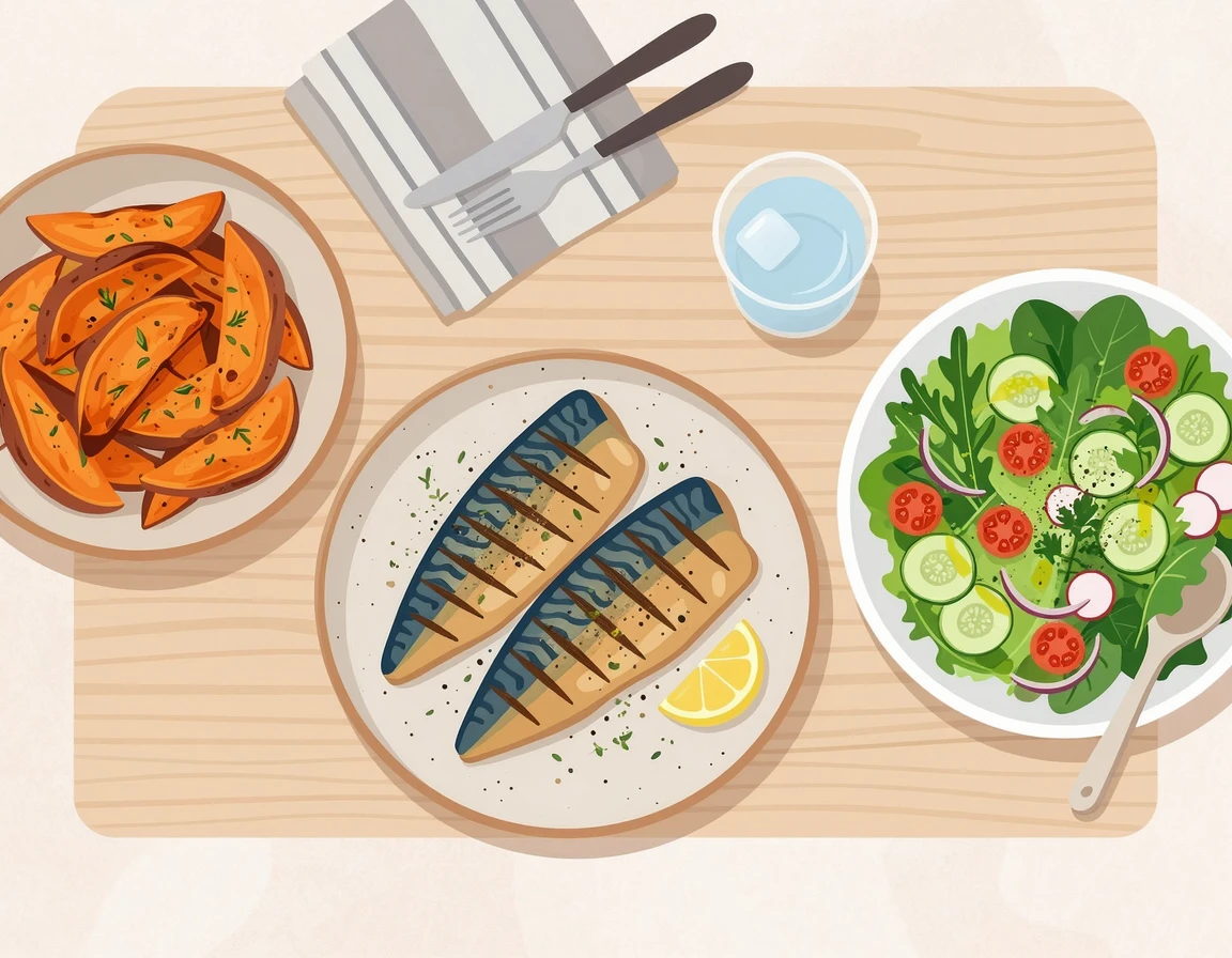고구마와 생선, 샐러드가 있는 건강한 식단 일러스트