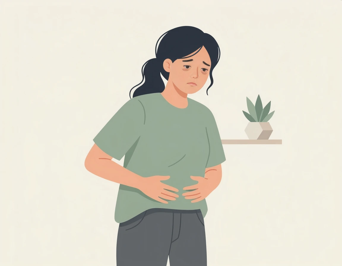 배를 잡고 피로해하는 여성 일러스트
