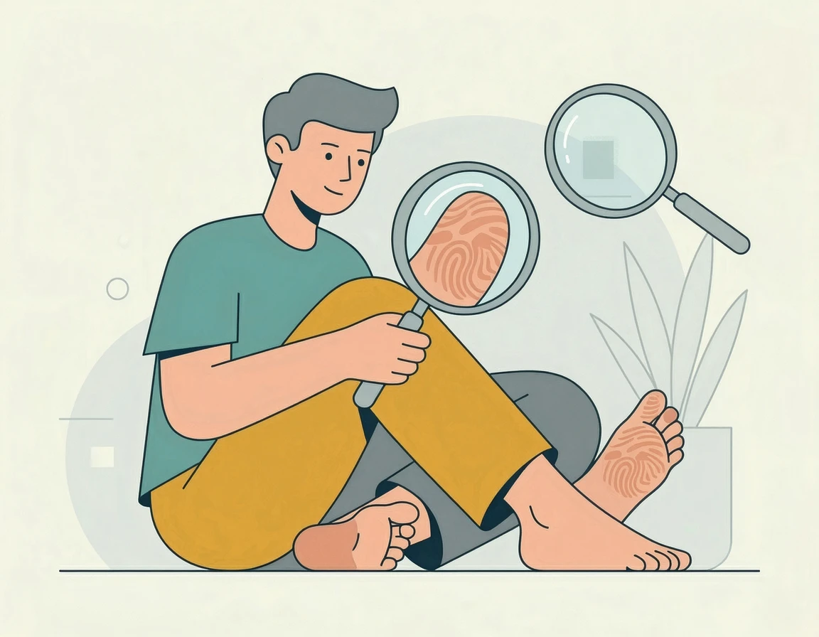 돋보기로 자신의 맨발을 자세히 관찰하는 사람 일러스트