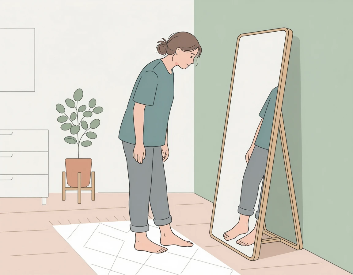 거울에 맨발을 비춰보며 발가락 모양을 확인하는 여성 일러스트