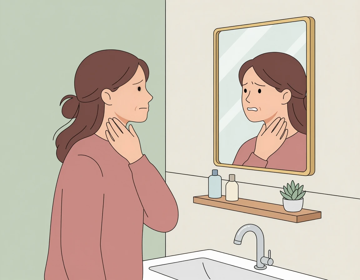 거울을 보며 목의 붓기를 확인하는 여성 일러스트