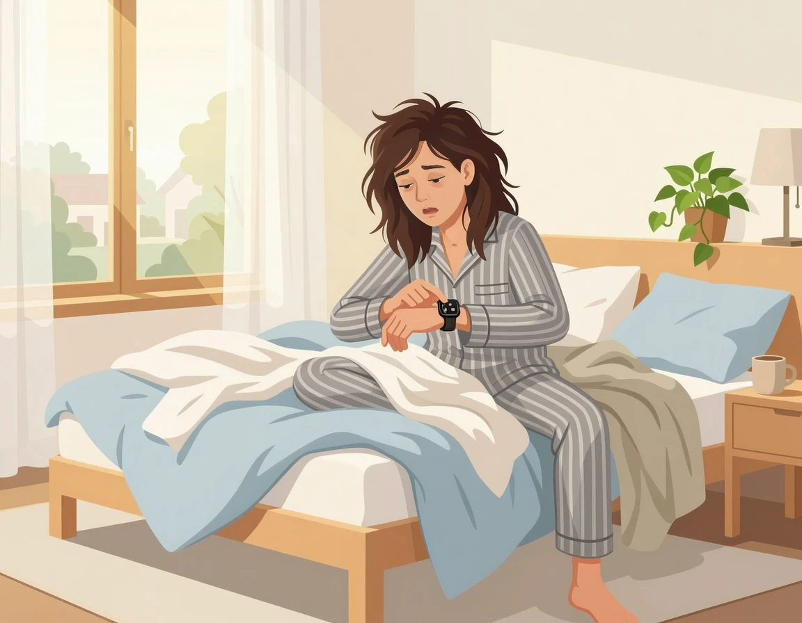 아침에 일어나 피곤한 표정으로 스마트워치를 확인하는 여성 일러스트