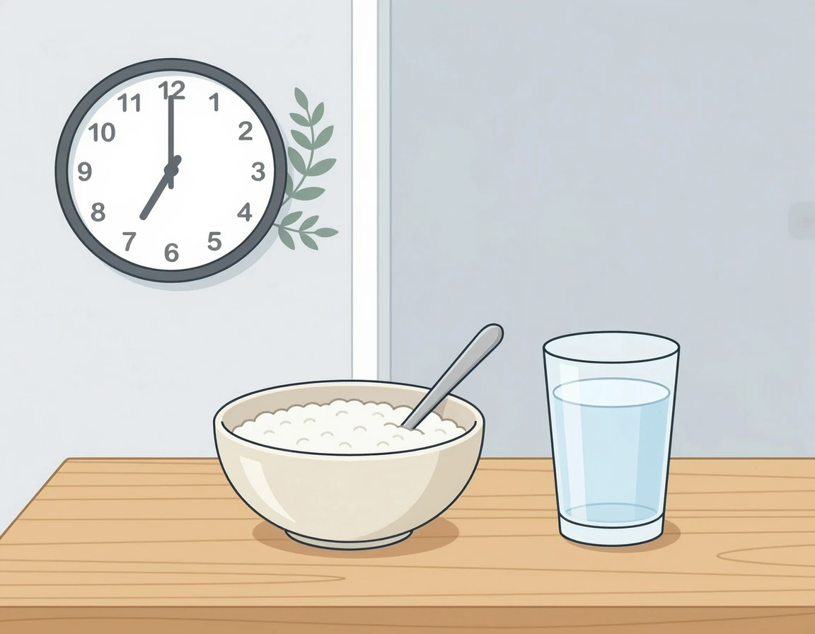저녁 7시 시계와 흰죽, 물 한 잔이 놓인 일러스트
