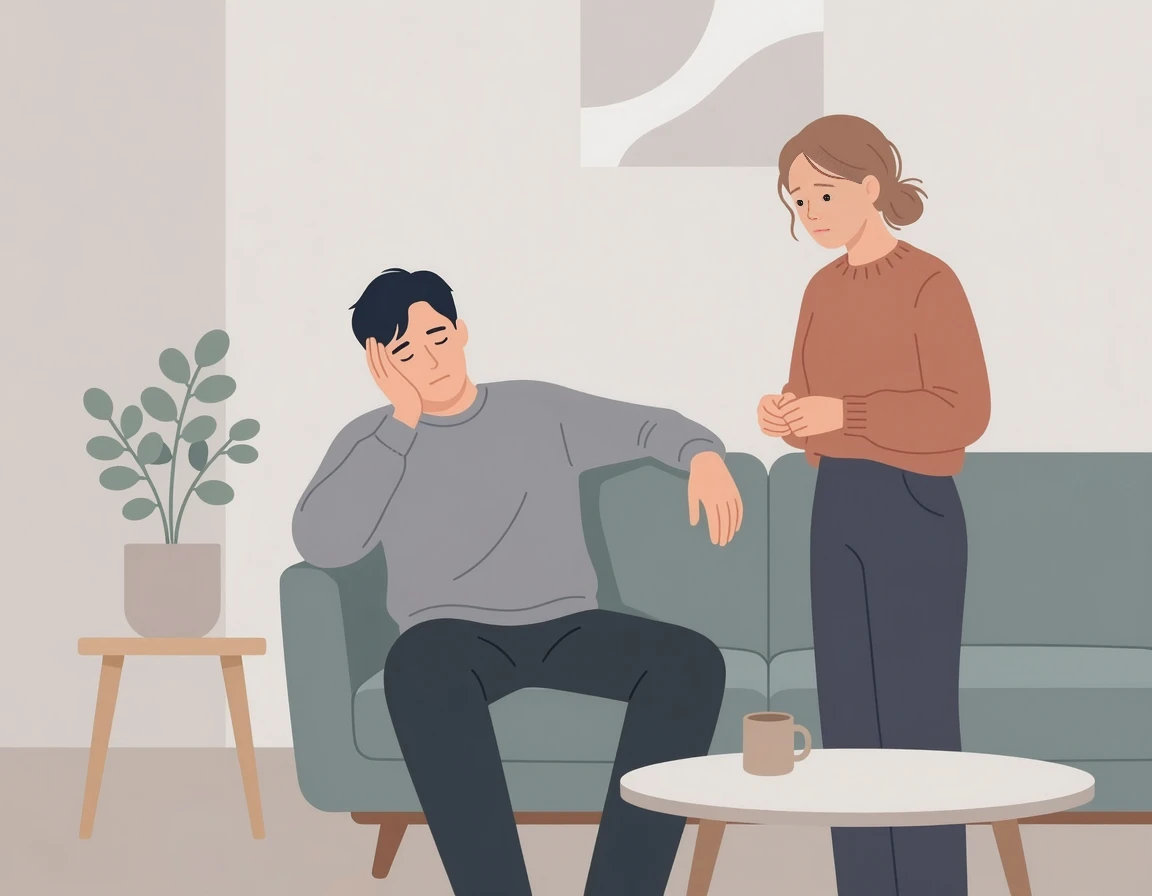 피곤해하는 남편을 걱정스럽게 바라보는 아내 일러스트