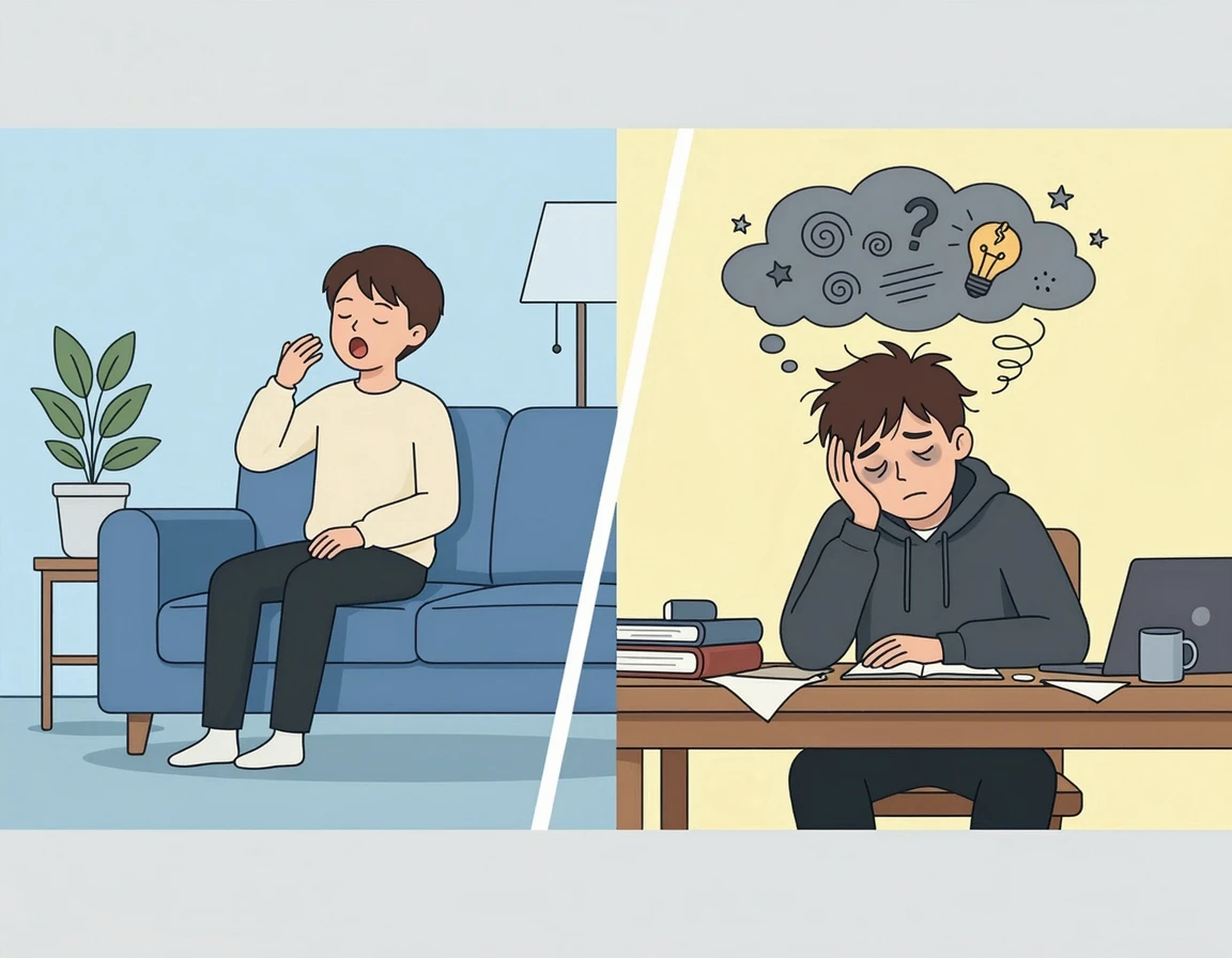 가벼운 식곤증과 극심한 피로감을 비교하는 일러스트