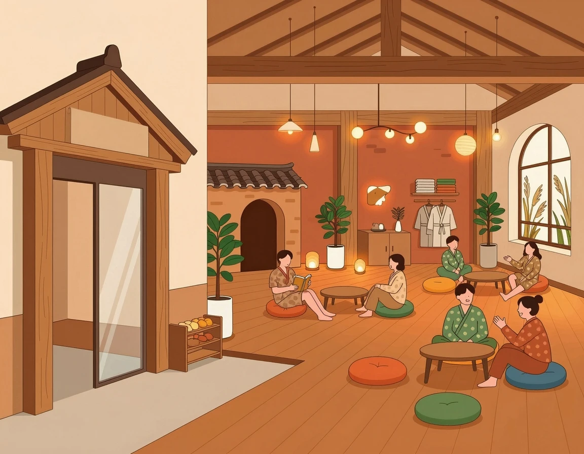 따뜻한 분위기의 찜질방 휴게 공간 일러스트