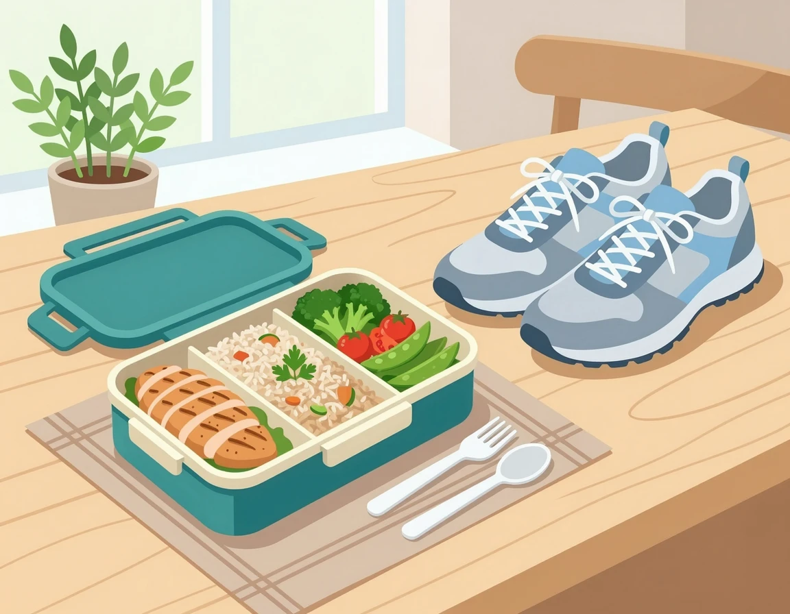 건강한 점심 도시락과 산책을 위한 운동화 일러스트