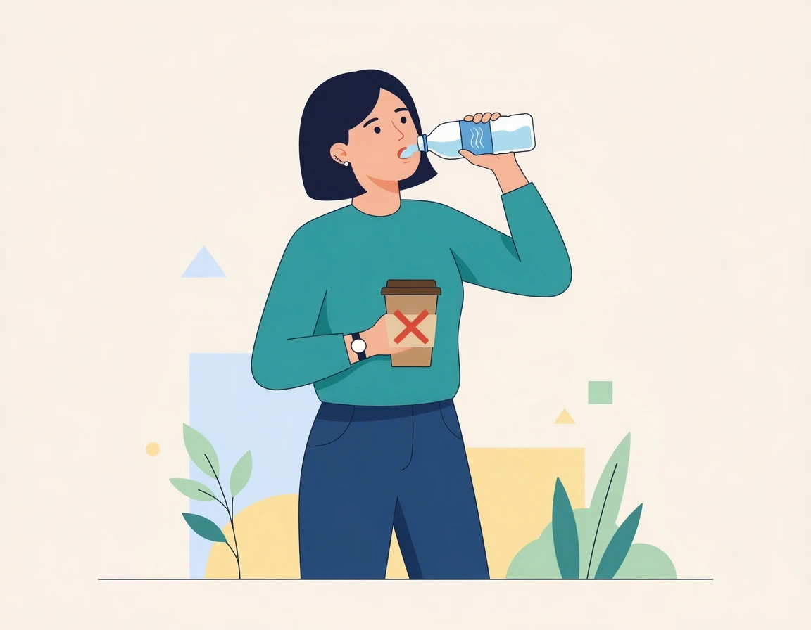 커피 대신 물을 마시며 수분을 보충하는 사람의 일러스트