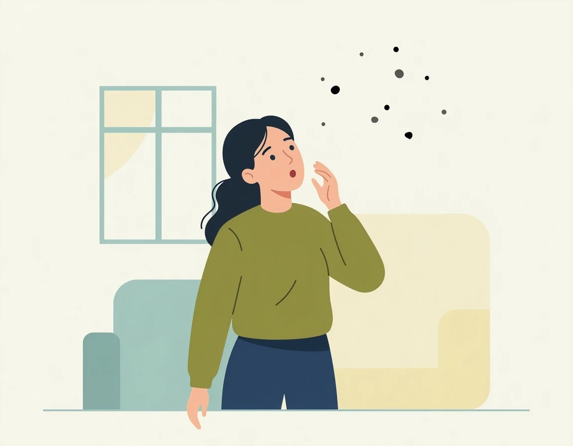 눈앞에 떠다니는 검은 점들을 보고 놀라는 여성 일러스트