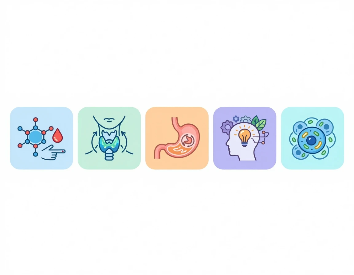 당뇨, 갑상선, 위장, 정신건강, 세포를 나타내는 5가지 의료 아이콘 일러스트